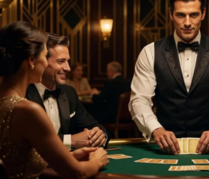 Krupier prowadzący grę przy eleganckim stole kasynowym