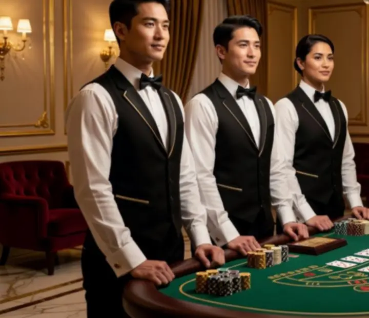 Profesjonalni krupierzy obsługujący stoły podczas firmowego wieczoru casino
