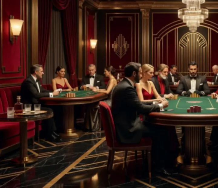 Ekskluzywny salon pokerowy VIP z eleganckimi stołami casino